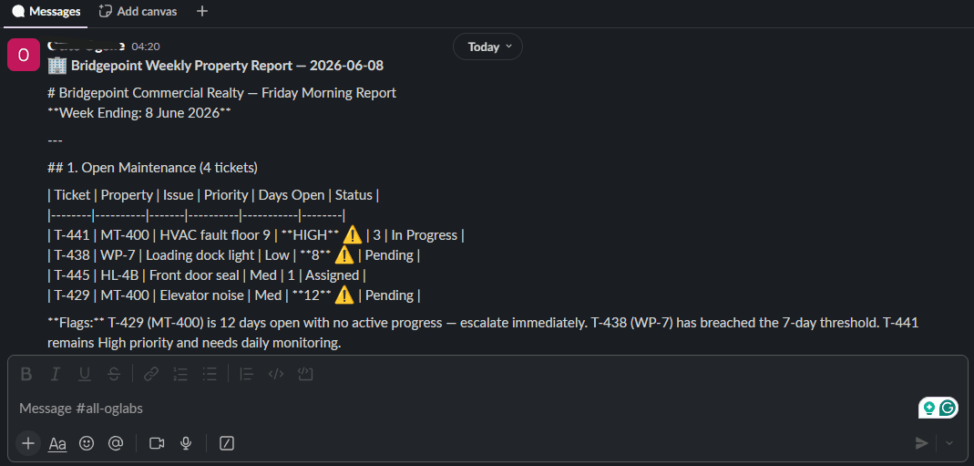 Bridgepoint Weekly Ops Report — n8n + Claude Automation