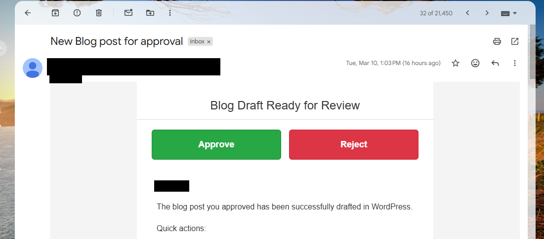 The approval email — Approve and Reject buttons front and center